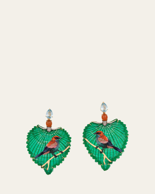 18K Yellow Gold Horse Mane Bird and Leaf Earrings with Diamonds, Carnelian and Sky Blue Topaz